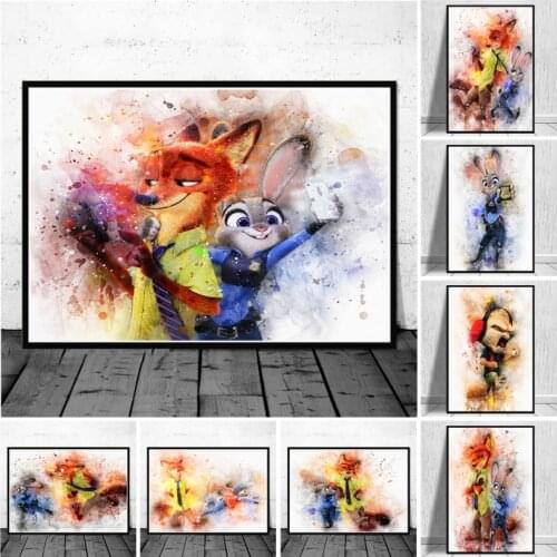 Watercolor Disney Cartoons Zootopia Judy and Nick Canvas Painting Posters and Prints Wall Art Picture Nursery Room Decoration