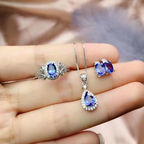 Free Shipping Natural Tanzanite jewelry set Natural Real Tanzanite 925 sterling silver 1pc pendant,1pc ring ,2pcs Earring