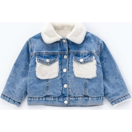 Kids 1-8 years fashion girls boys autumn winter casual thick warm fur collar denim coats lining plush jackets children clothing