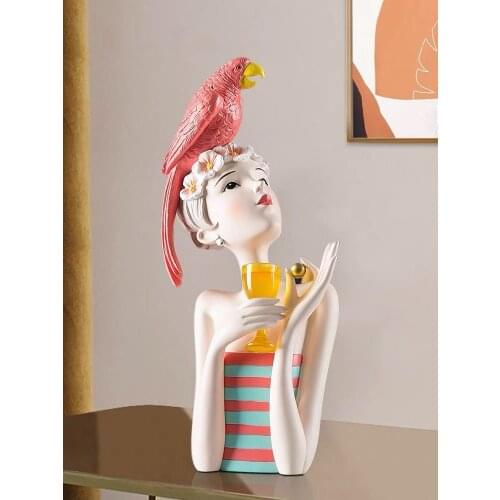 Home Decor Nordic Girls Statue Creative Resin Parrot Sculpture Living Room Decoration People Tabletop Ornaments Porch Gifts