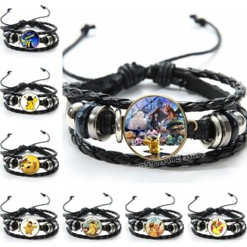Elf Bao Pikachu Detective Pikachu Leather Bracelet Woven Hand Jewelry Colored Glaze Semi-Inlaid Artificial Gem Birthday Gifts