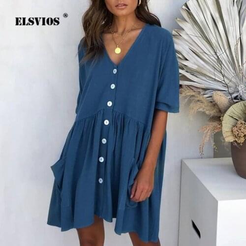 ELSVIOS Casual Loose Summer Dress Women New Fashion V-neck Button Pocket Mini Dress Elegant Half Sleeve Solid Party Dress Female