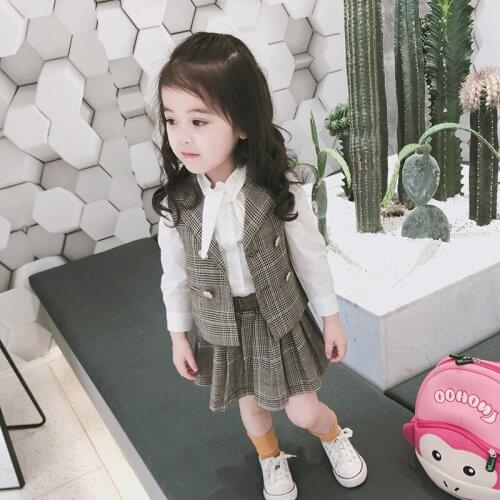 Baby Girls Clothes Sets for Kids Long Sleeve Blouse Plaid Vest Skirt 3Pcs Children Clothing Suit Kids Girls Dress Sets 2T To 8T