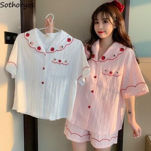 Sweet Summer Pajama Sets Women Strawberry Embroidery Loose Button Up Sleepwear Kawaii Japanese Style Loose Leisure Teens Chic