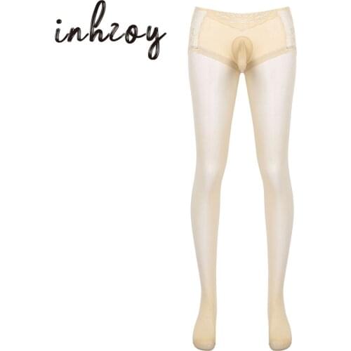 Mens Fishnet Lingerie Pantyhose Skinny Stretchy Stocking for Sex Bulge Pouch See-through Lace Patchwork Male Tights Hosiery