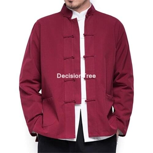2021 chinese style mens tops tang suit linen long sleeve solid traditional kung fu china style hanfu shirt streetwear outwear