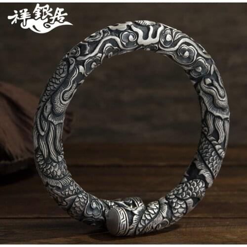Silver dragon embrace column men domineering full carving dragon bracelet solid silver dragon playing bead bracelet