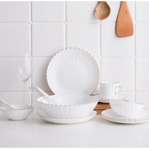 White Shell Glass Dinnerware Set with Gold Rim Dinner Plates Noodle Salad Bowl Espresso Coffee Cup Saucer Spoon for Food Nordic