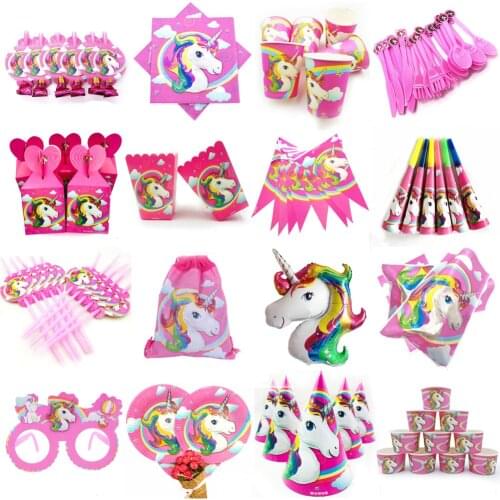 10 Kids Unicorn Disposable Tableware Happy Birthday Party Supplies Festival Decoration Event Favor Gender Reveal Girls Pink