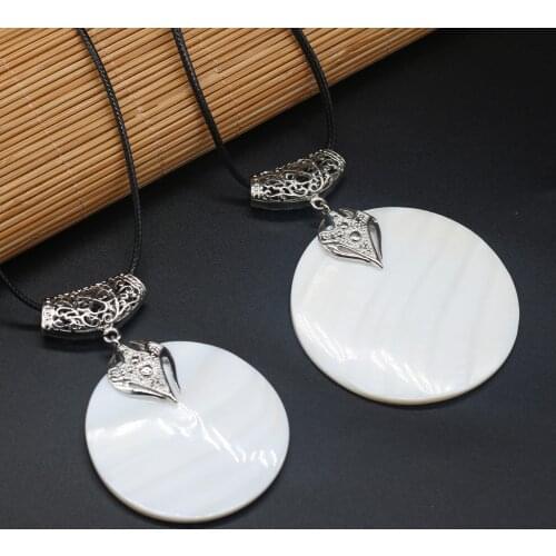Natural Shell Alloy Necklace Round White Pendant Leather Cord 2MM Charms For Elegant Women Love Romantic Gift