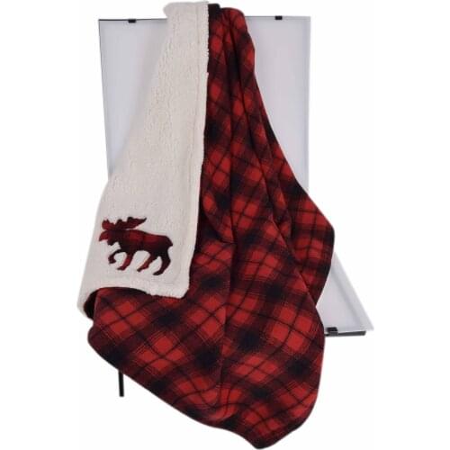 Promotion white sherpa with moose applique embroidery Plaid Blanket Throw Warm and Soft Throw two sides throw