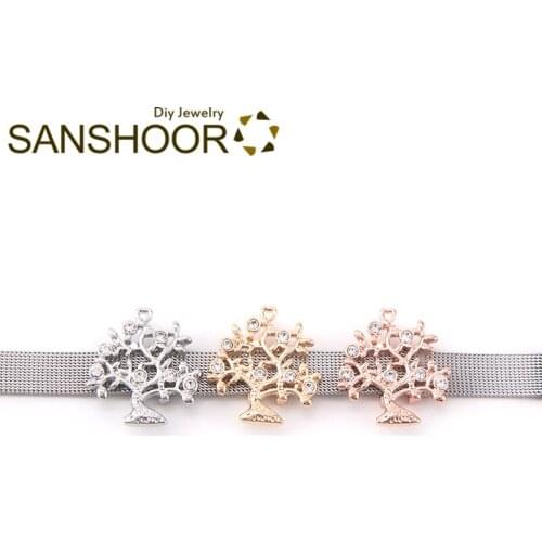 SANSHOOR Large Size Crystal Tree Bracelet Slide Charms Fit 10mm Leather Wrap Keeper Wristband Belt Armband For Women Gifts 6Pcs