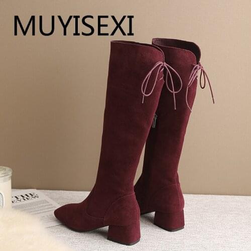 4.5cm Thick Heels Boots Keep Warm Equestrian Zipper Knee-High Boots Cow Suede Genuine Leather Black brown Red LDI08 MUYISEXI