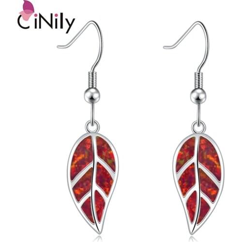 CiNily Red & Orange & Blue & White & Green Fire Opal Stone Dangle Earrings Silver Plated Leaf Drop Earring BOHO Summer Jewelry