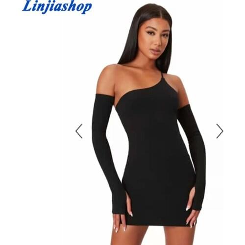 Sexy Bodycon Club Party Dress Women 2021 Solid Elastic One Shoulder Slim Summer Short Dress Elegant Black Long Sleeve Mini Dress