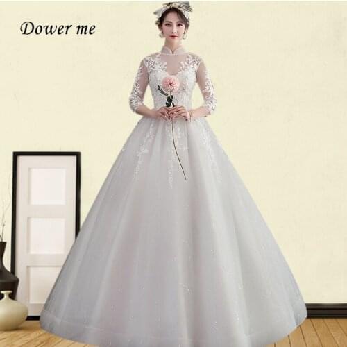 High Collar Wedding Dress GR714 Three Quarter Sleeve Bridal Gowns Embroidery Lace Vestidos De Novia Sequined Wedding Dresses
