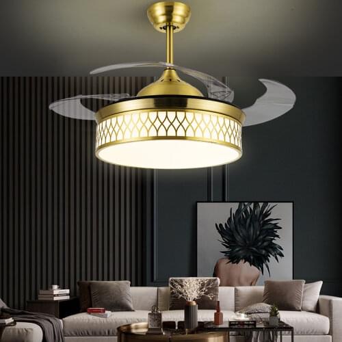 LED Invisible Ceiling Fan Light Copper 42 Inch Living Room Dining Room Ceiling Fan with Lights Remote Control