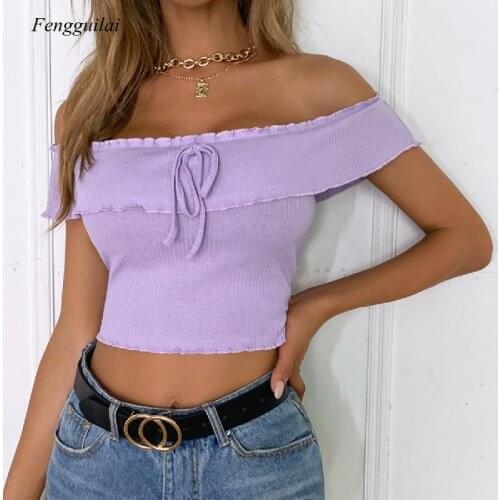 Womens 2021 Tie Ear Edge Light Purple Slim Open Navel Short Sleeve T-Shirt for Lady Causal Summer