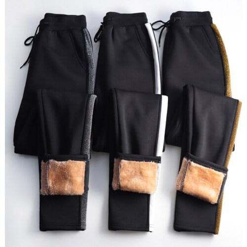 Plus Size Cashmere Harem Pants Women Winter Thick Warm Lambskin Cashmere Black With Side Striped Loose Long Trousers