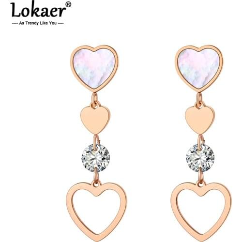 Lokaer New Titanium Stainless Steel Love Heart Dangle Earrings For Women Bohemia Style Crystal & Shell Earrings Jewelry E20056