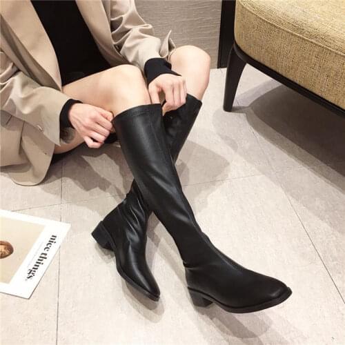 2021 INS Fashion Women Black Block High Heels Long Boots New Winter Warm Knee High Boots Soft Leather Thigh High Boots Shoes