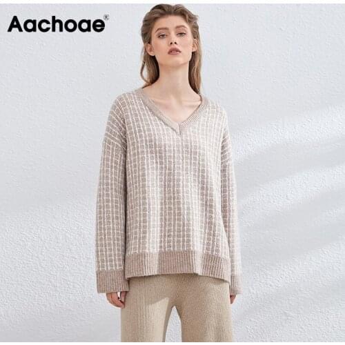 Aachoae 2020 Women Elegant Plaid Sweater V Neck Soft Casual Pullover Sweaters Batwing Sleeve Loose Ladies Tops Kobieta Swetry