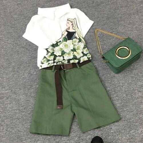 2021 New Summer Women Shortsleeved Temperament Slim Setsladies Ms Chiffon Printed Shirt + Fashion Shorts With Belt Elegant 2sets