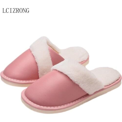 LCIZRONG Genuine Leather Winter Slippers for Unisex Family Women Home Slippers Warm Plush Couple Woman Men Big Size House Shoes