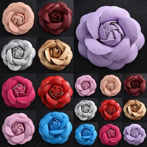 New Korean Handmade PU Leather Camellia Flower Brooch Boutonniere Lapel Pin Jewelry Brooches Corsage Gifts for Women Accessories