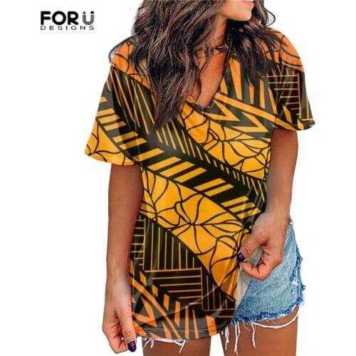 FORUDESIGNS Polynesian Style Striped Pattern Womens V-Neck T-Shirts Short Tops High Quality Clothing Camisa Anime Feminina
