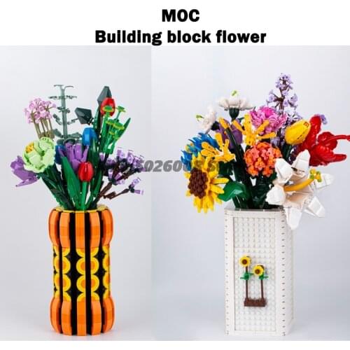 MOC Building Block Jasmine Flower Vase Creative Gift Sunflower Hydrangea Lavender Rose Flower Plastic Bouquet Accessories Toy