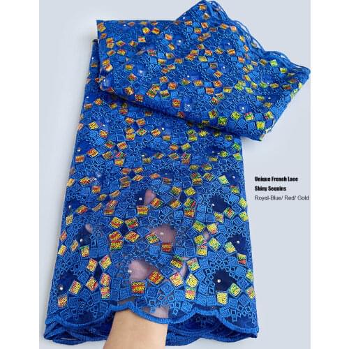 Royal blue Multicolors Geometric textured African french lace tulle fabric with sequins Nigerian modern occasional wear 5 yards