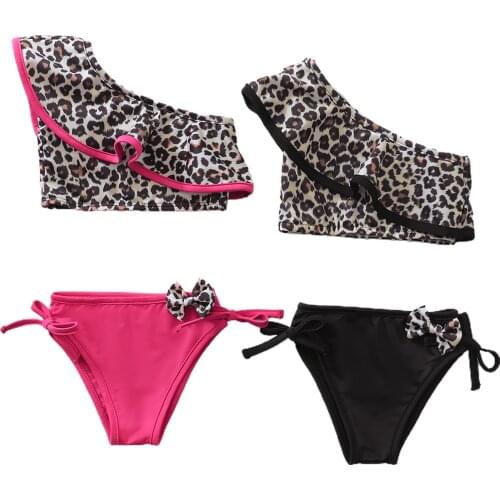 2021 Summer Baby Swimwear Two-piece Swimsuit with Leopard Pattern Girls Slanted Shoulder Ruffle Summer Beach Clothing