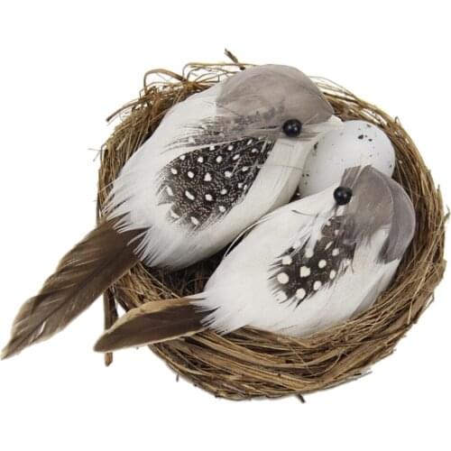 Handmade Small Artificial Feather Birds in Straw Nest with Eggs Garden Decor