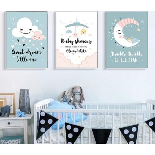 Minimalistic Cartoon Sun Stars Moon Clouds Rain Canvas Art Abstract Print Poster Picture Wall Children Bedroom Nordic Decoration