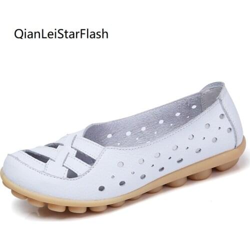 Women Flats Fashion Woman Moccasin Breathable Casual Loafers Shoes Women Genuine Leather Shoes Flats with Hollow Out