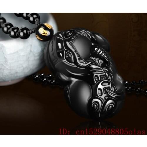 Natural Black Obsidian Beads Necklace Hand-Carved Tiger Dragon Jade Pendant Fashion Charm Jewellery Amulet for Women Man Gifts