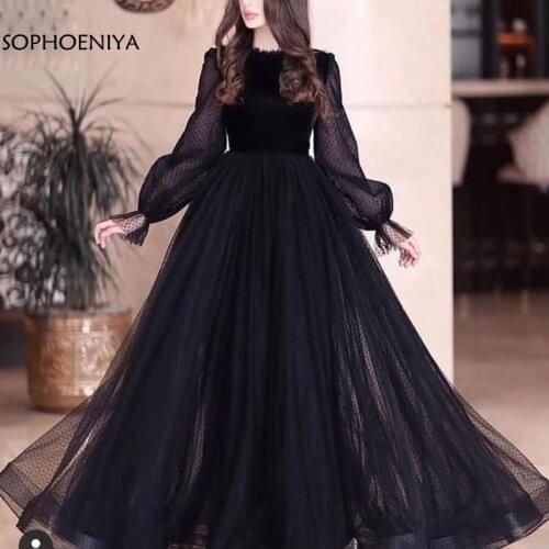 New Arrival A-Line High Neck Long sleeve evening dresses 2021 Black Dubai Arabia Muslim evening dress women party night Prom