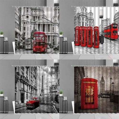 Paris London City Street Scape Shower Curtains Red Bus Car Telephone Booth Big Ben Tower Bath Curtain Black White Pattern Decor