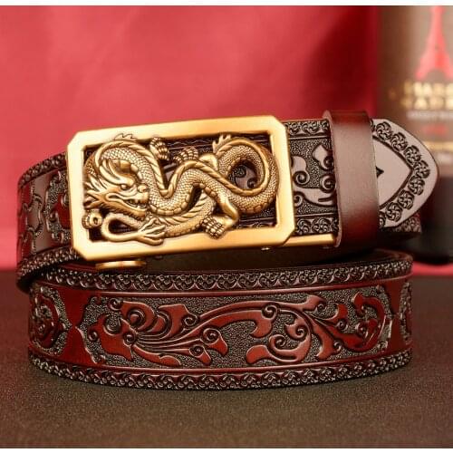 New Fashion Chinese Dragon Vintage Auto Lock Buckle Men Belts Genuine Leather Designer Strap Dress Belt for Men Waistbands