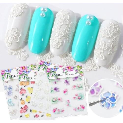 5D Nail Sticker Art 20 Pattern Flower Self Adhesive Emboss DIY Acrylic Engraved Nail Stickers Decals Decoration Accessories Tool