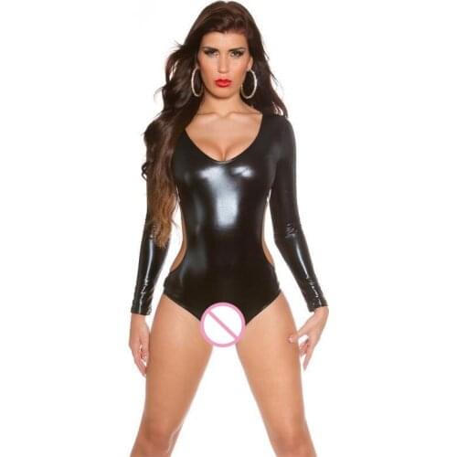 Sexy Women High Cut Backless Bodysuit Faux Leather Shiny One Piece Swimwear Body Suit Latex Matt Catsuit Sexy Pole Dance Wear 29