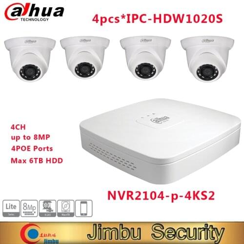 Dahua IP NVR kit CCTV system support POE NVR2104-P-4KS2+4pcs* IPC-HDW1020S 4 channels video recorder Surveillance Kit