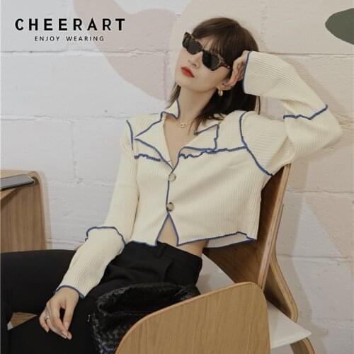 CHEERART Contrast Stitch Cropped Cardigan Women Long Sleeve Button Up Cardigan Sweater Ribbed Knitted Top Korean Fashion