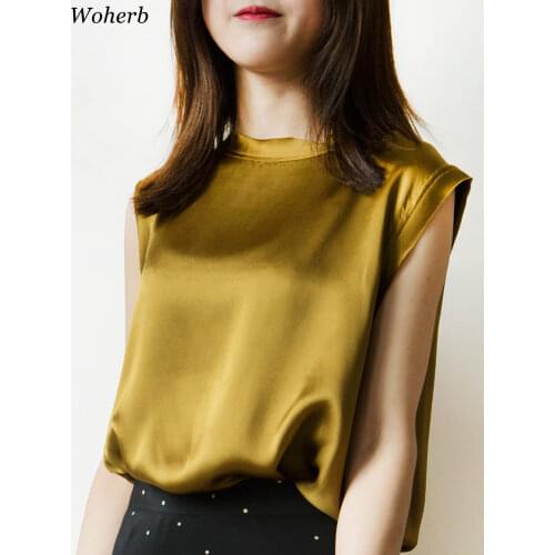 Woherb Women Silk Satin Blouse Solid O Neck Sleeveless Blouses 2021 Spring Summer Shirt Elegant Casual All Match Blusas M-2XL