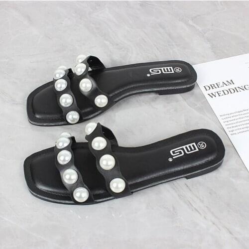 Summer 2021 womens slippers white pearls decoration fashion style open toe comfortable causal flat shoes outside 1cm size 35-41