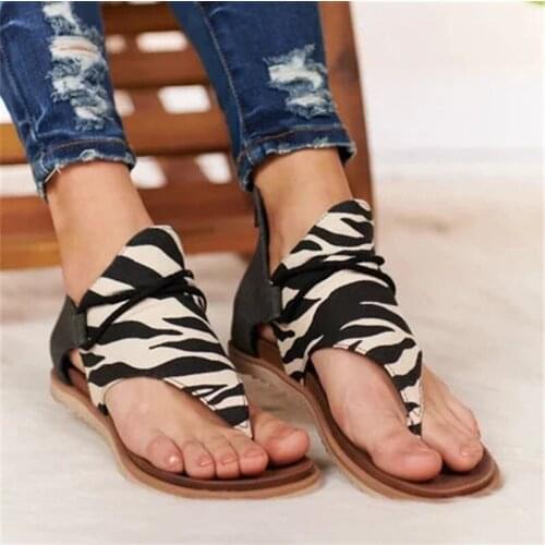 Women Leopard Print Summer Sandals Plus Size Cross Strap Flat with Shoes Woman Casual Zipper Gladiator Sandalias