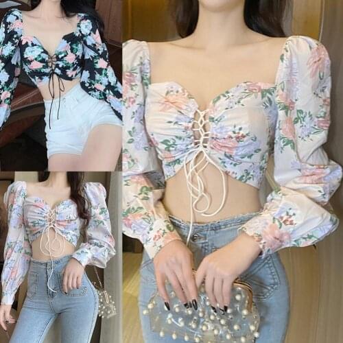 Women Tops Sexy Open Navel Bra Shirt Floral Print Sweat Absorbent Stretchy Summer Casual Tunic Blouse Long sleeve for Party