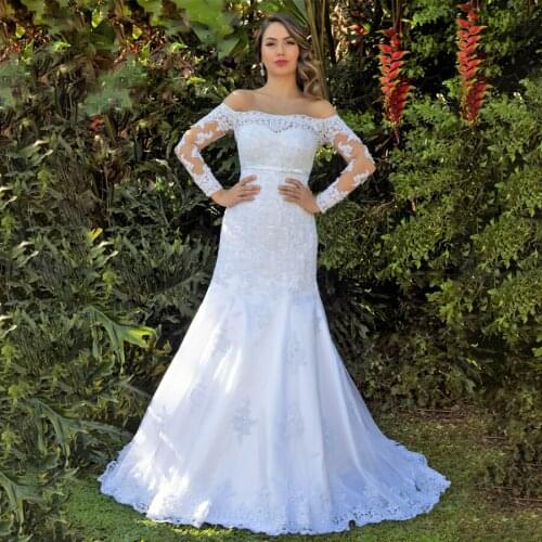 Off the Shoulder White Lace Applique Long Sleeves Mermaid Wedding Dress with Crystals Lace Up vestido de noiva vermelho