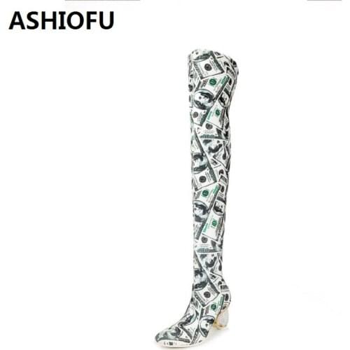 ASHIOFU New Handmade Ladies Thigh High Boots Sexy Slim Sexy Party Prom Over Knee Boots Club Evening Fashion Long Boots Shoes